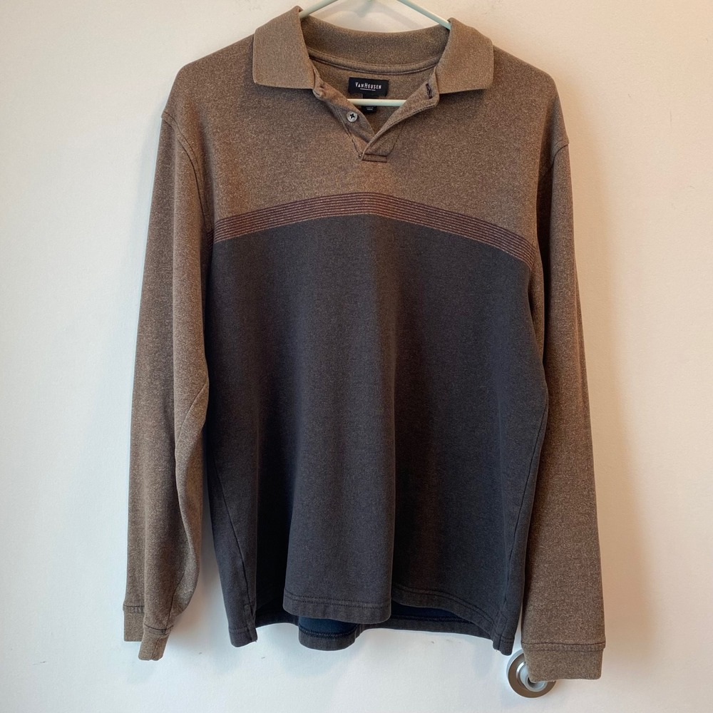 Van Heusen Polo Shirt Mens M Brown Colorblock Long Sleeve Casual Knit Cotton Mix